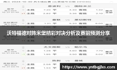 沃特福德对阵米堡精彩对决分析及赛前预测分享